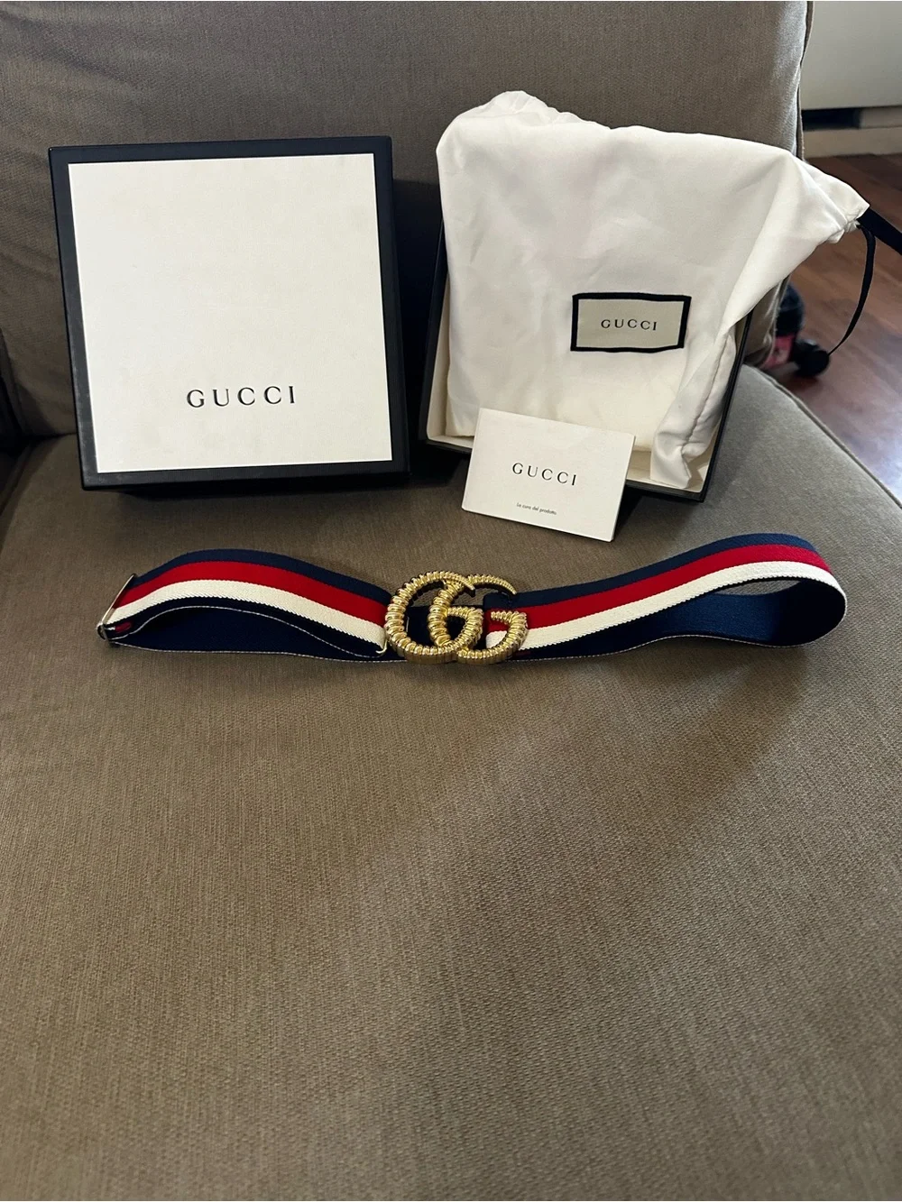 Gucci Navy, Red & White Web Belt with Gold Double G Buckle